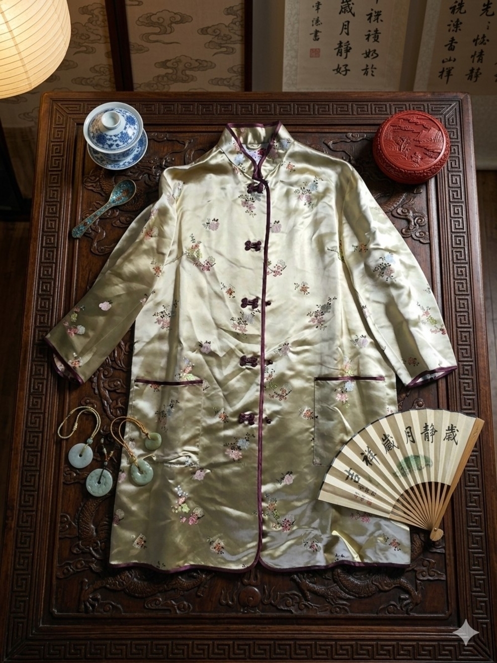 Vintage Peony Brand Shanghai China Satin Jacket Coat, Floral Embroidered, Size40